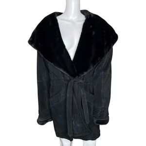 Wilsons Leather Wrap Coat Medium Black Suede Faux Fur Collar Belted Y2K Gothic